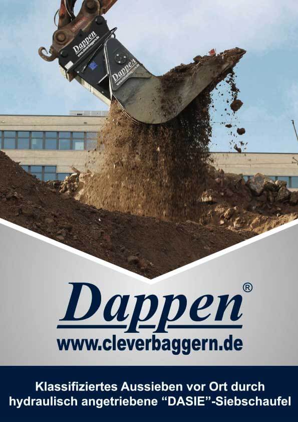 Dappen Werkzeug- und Maschinenbau | "DASIE" Screening bucket brochure cover with screening bucket during sieving